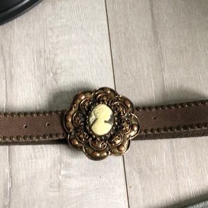 Brown leather belt with ivory cameo and amber sparkly stone brass buckle